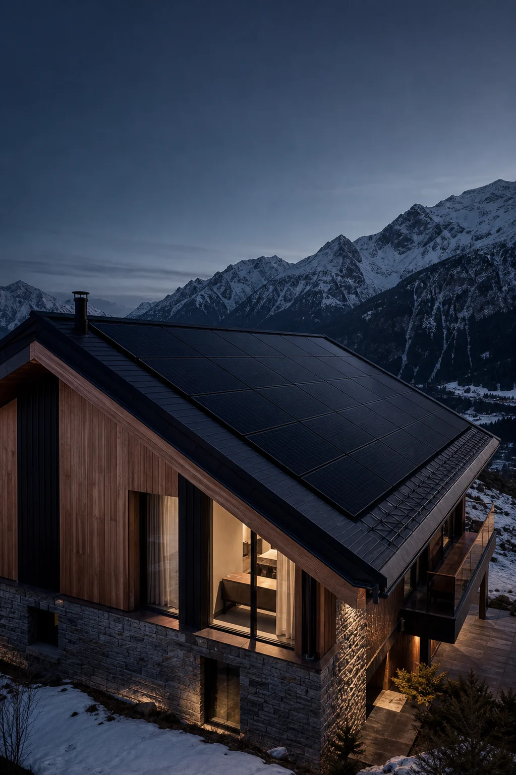 Architektur-Rendering eines Schweizer Gebäudes mit integriertem Full-Black-Solardach