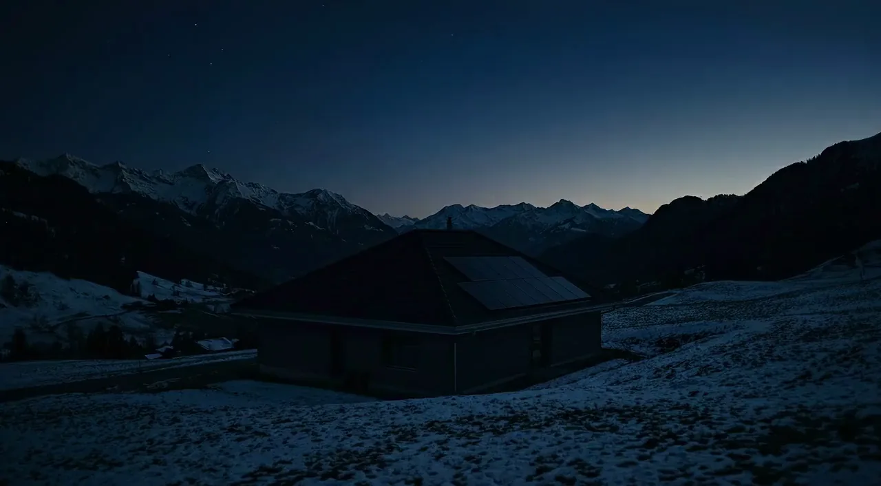 Schweizer Chalet mit Photovoltaikanlage bei Sonnenaufgang