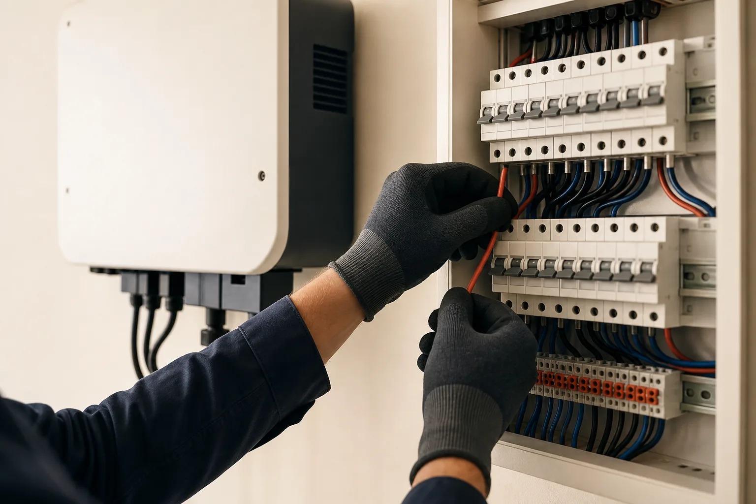 Elektrofachperson verdrahtet die Schutzeinrichtungen in einem Verteilerschrank neben dem Wechselrichter
