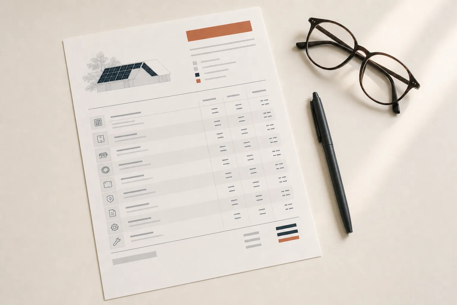 Gedruckte Photovoltaik-Offerte mit einzeln ausgewiesenen Positionen neben Brille und Stift