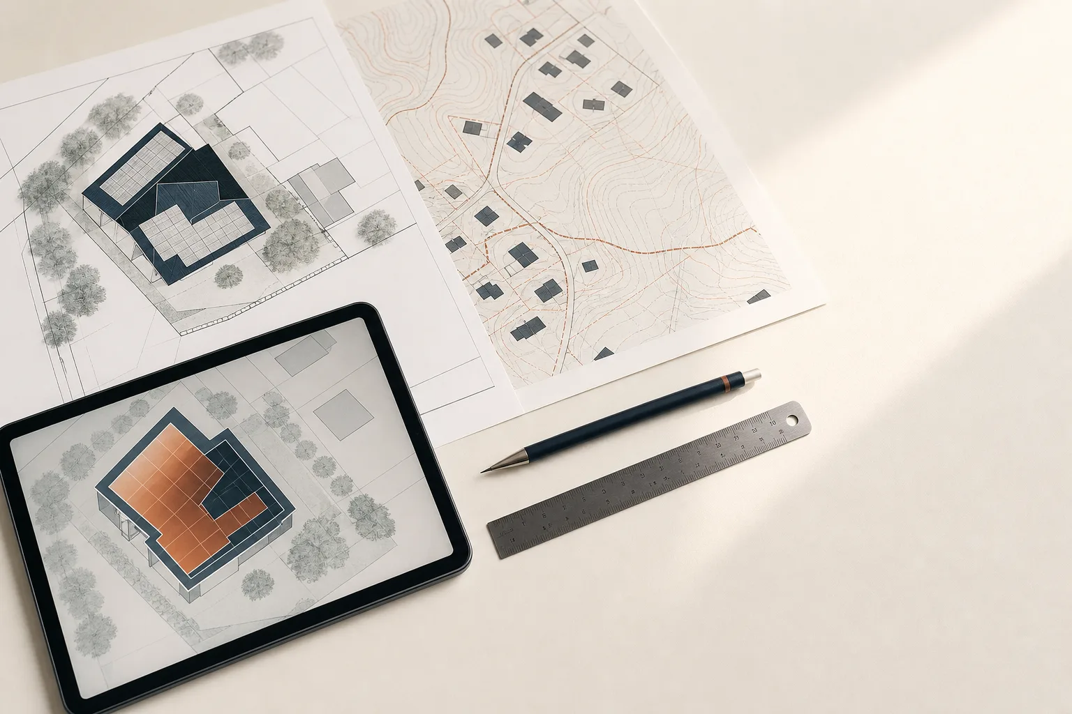 Tablet mit 3D-Dachplan neben gedruckten Katasterplänen und Höhenkarten auf einem hellen Tisch